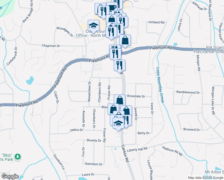 map of restaurants, bars, coffee shops, grocery stores, and more near 2641 Fraser Road in Marietta