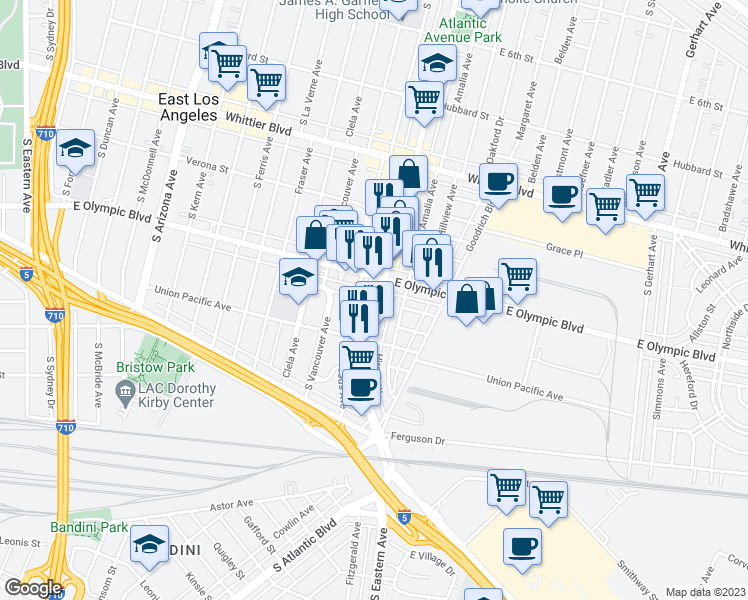 map of restaurants, bars, coffee shops, grocery stores, and more near 1225 South Atlantic Boulevard in East Los Angeles
