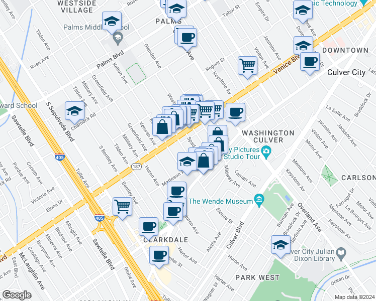 map of restaurants, bars, coffee shops, grocery stores, and more near 3840 Girard Avenue in Culver City
