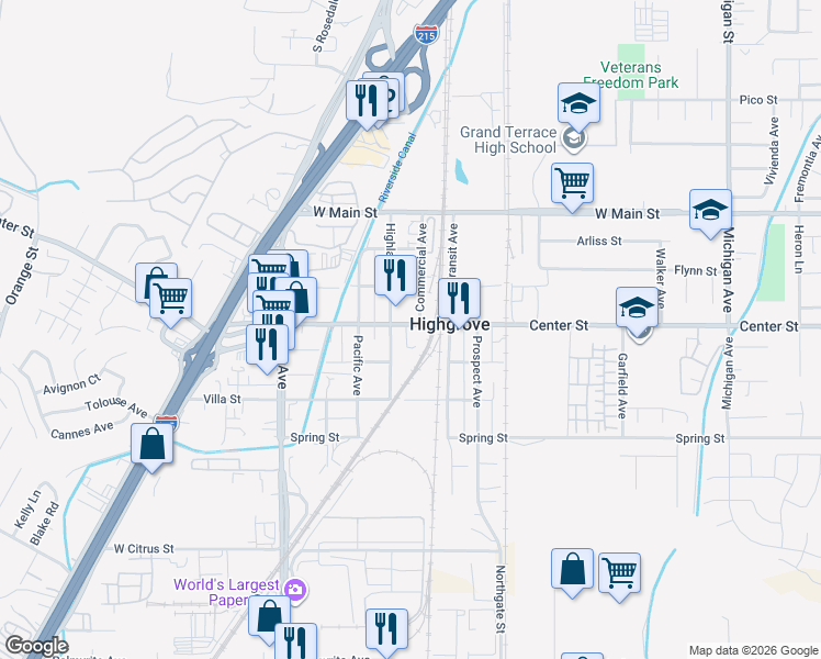 map of restaurants, bars, coffee shops, grocery stores, and more near 1070 Center Street in Riverside