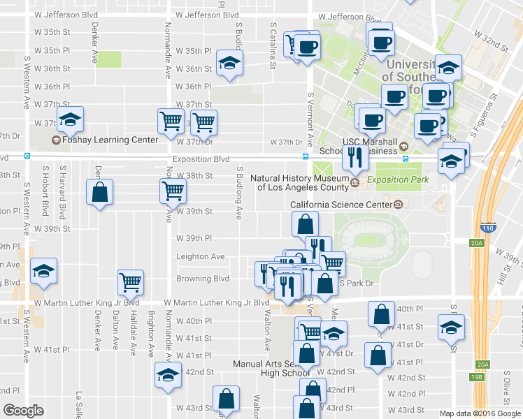 map of restaurants, bars, coffee shops, grocery stores, and more near 1103 West 39th Street in Los Angeles