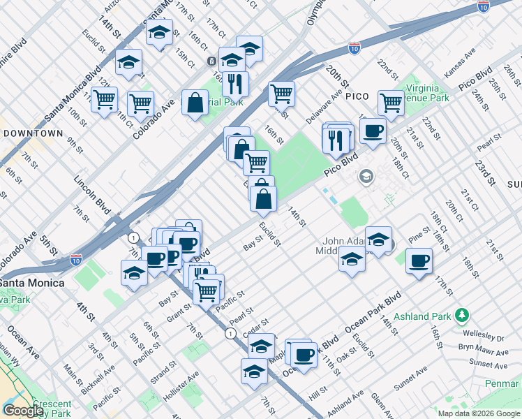 map of restaurants, bars, coffee shops, grocery stores, and more near 1945 Euclid Street in Santa Monica