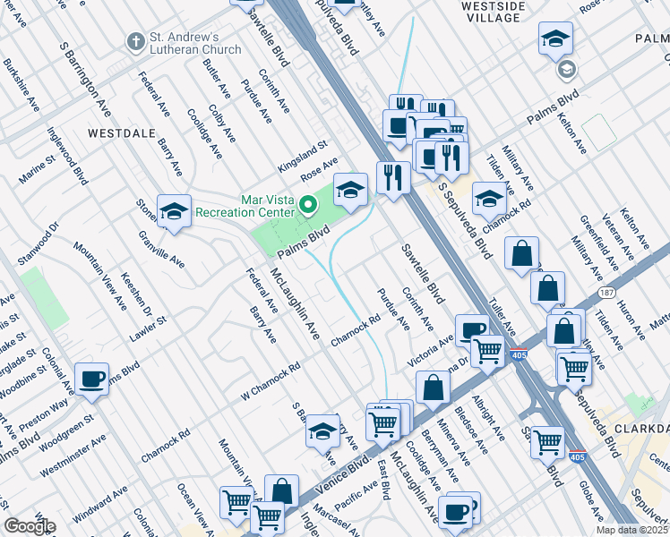map of restaurants, bars, coffee shops, grocery stores, and more near 3491 Butler Avenue in Los Angeles