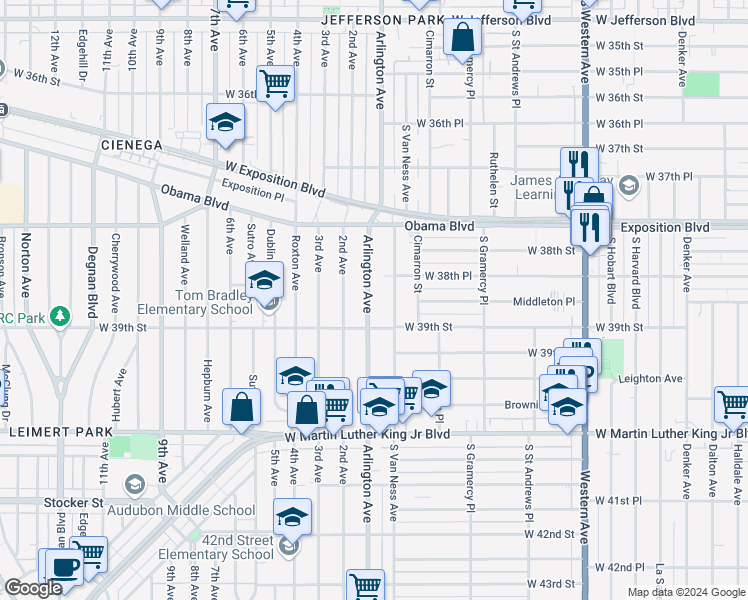 map of restaurants, bars, coffee shops, grocery stores, and more near 3874 Arlington Avenue in Los Angeles