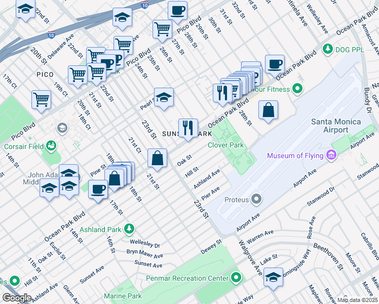 map of restaurants, bars, coffee shops, grocery stores, and more near 2401 Oak Street in Santa Monica