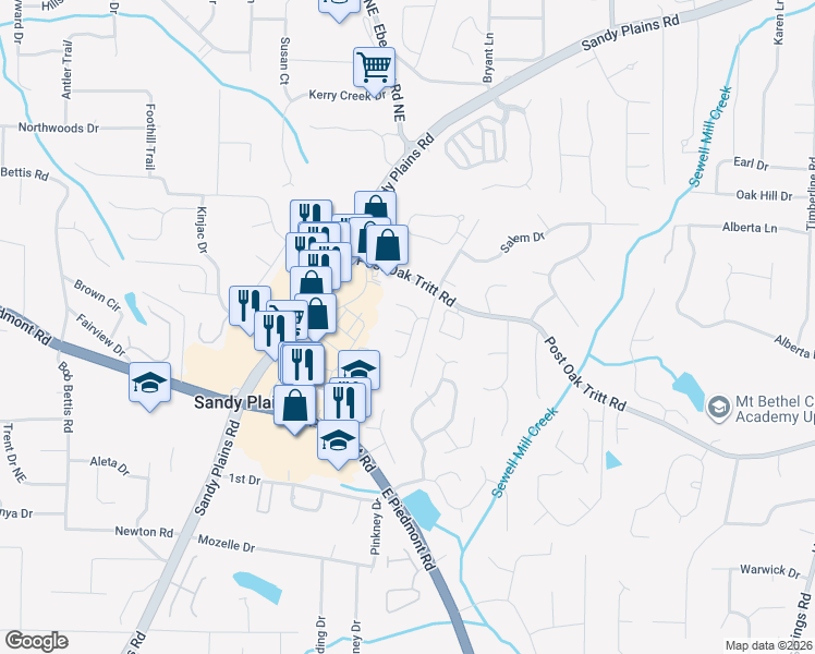 map of restaurants, bars, coffee shops, grocery stores, and more near 2625 Baramore Oaks Lane in Marietta