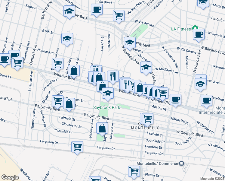 map of restaurants, bars, coffee shops, grocery stores, and more near in East Los Angeles