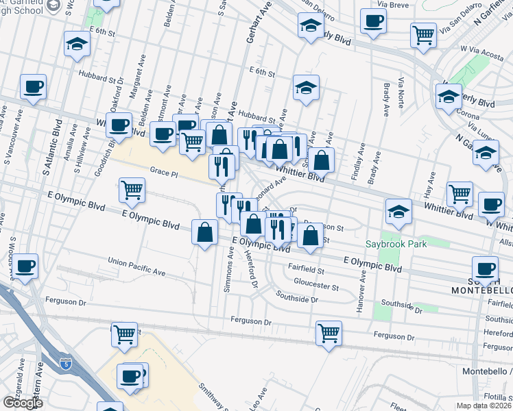 map of restaurants, bars, coffee shops, grocery stores, and more near 5943 Allston Street in East Los Angeles