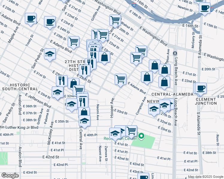 map of restaurants, bars, coffee shops, grocery stores, and more near 1235 East 28th Street in Los Angeles