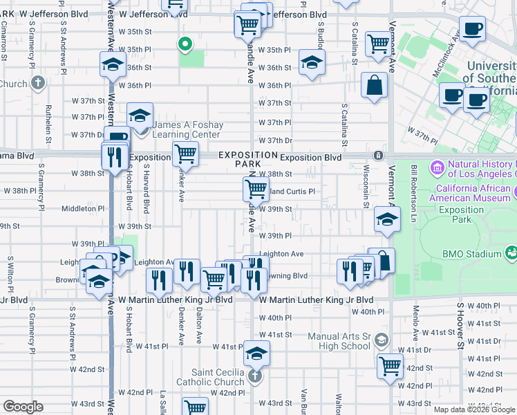 map of restaurants, bars, coffee shops, grocery stores, and more near 1307 West 39th Street in Los Angeles