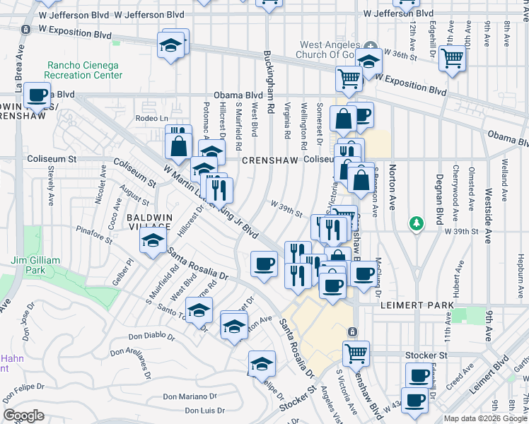 map of restaurants, bars, coffee shops, grocery stores, and more near 3926 Buckingham Road in Los Angeles