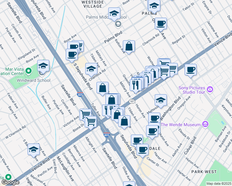 map of restaurants, bars, coffee shops, grocery stores, and more near 3719 Tilden Avenue in Los Angeles