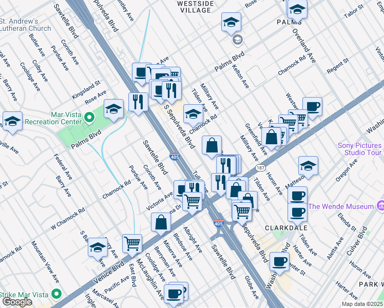 map of restaurants, bars, coffee shops, grocery stores, and more near 3620 Tuller Avenue in Los Angeles