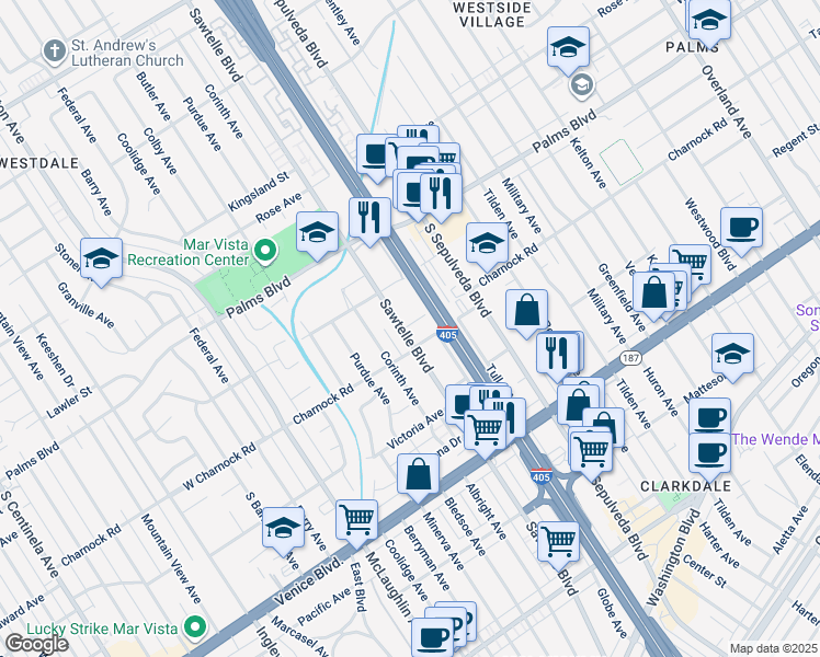 map of restaurants, bars, coffee shops, grocery stores, and more near 11273 Charnock Road in Los Angeles