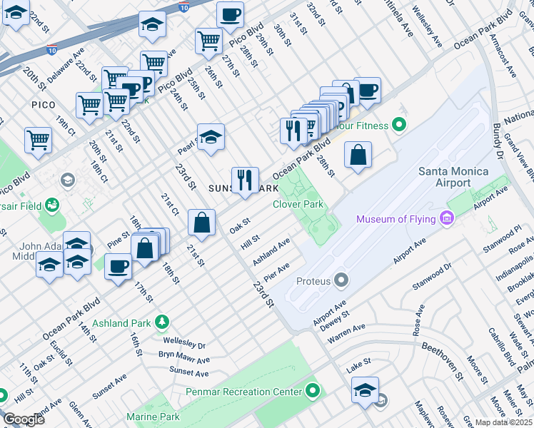 map of restaurants, bars, coffee shops, grocery stores, and more near 2447 Hill Place North in Santa Monica