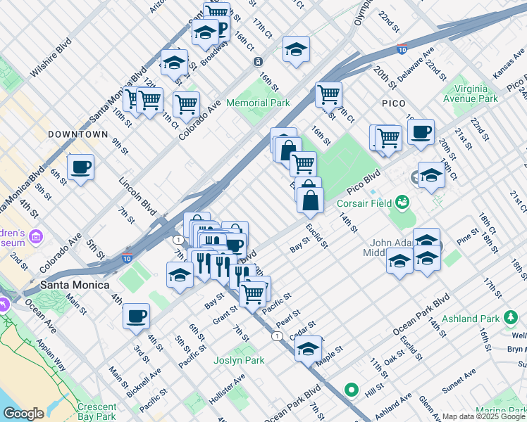 map of restaurants, bars, coffee shops, grocery stores, and more near 1843 11th Street in Santa Monica
