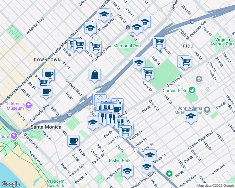 map of restaurants, bars, coffee shops, grocery stores, and more near 1814 11th Street in Santa Monica