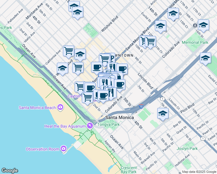 map of restaurants, bars, coffee shops, grocery stores, and more near 420 Broadway in Santa Monica