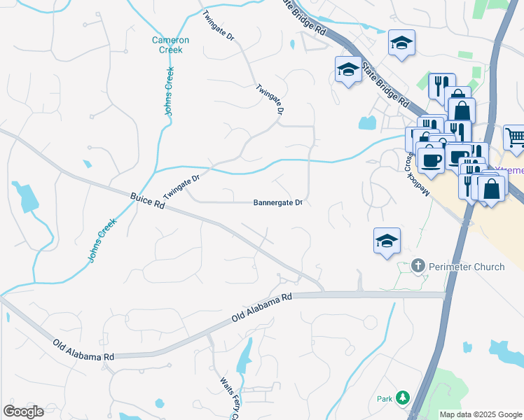 map of restaurants, bars, coffee shops, grocery stores, and more near 5335 Bannergate Drive in Alpharetta