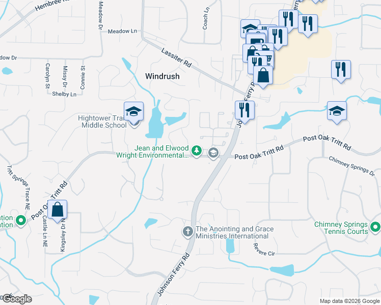map of restaurants, bars, coffee shops, grocery stores, and more near 2801 Long Grove Court Northeast in Marietta
