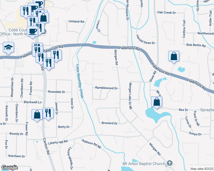 map of restaurants, bars, coffee shops, grocery stores, and more near 1129 Ramblewood Drive in Marietta