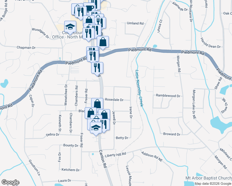 map of restaurants, bars, coffee shops, grocery stores, and more near 2644 Jewell Drive in Marietta
