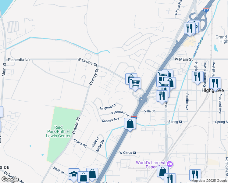 map of restaurants, bars, coffee shops, grocery stores, and more near 391 Claire Street in Riverside