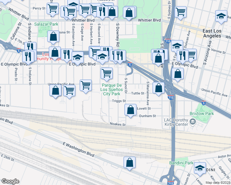 map of restaurants, bars, coffee shops, grocery stores, and more near 1339 South Downey Road in Los Angeles