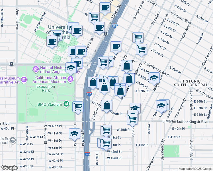 map of restaurants, bars, coffee shops, grocery stores, and more near 3751 South Hill Street in Los Angeles