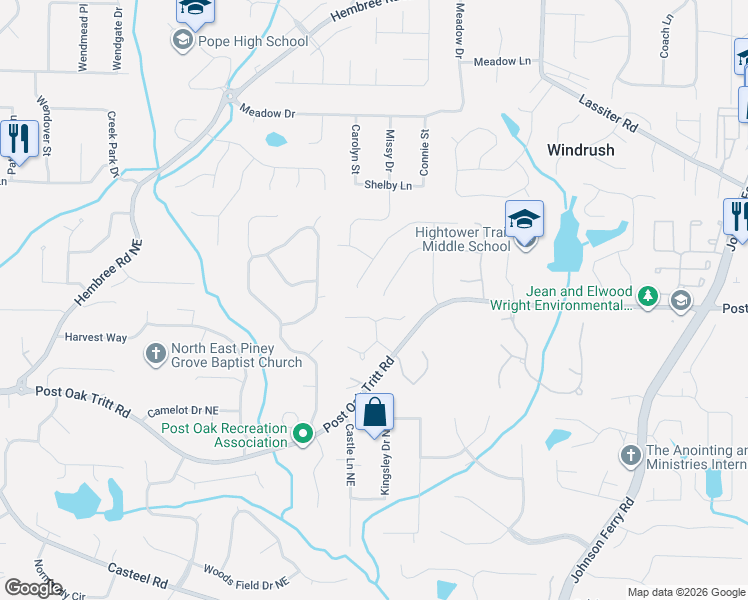 map of restaurants, bars, coffee shops, grocery stores, and more near 3705 Bellegrove Drive in Marietta