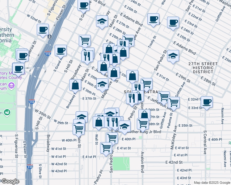 map of restaurants, bars, coffee shops, grocery stores, and more near 336 East 35th Street in Los Angeles