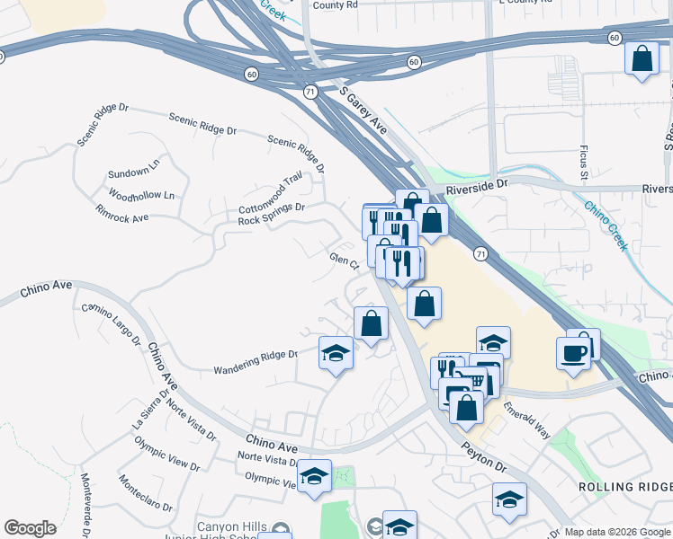 map of restaurants, bars, coffee shops, grocery stores, and more near 13115 Glen Court in Chino Hills