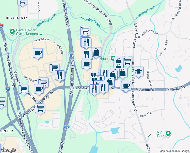 map of restaurants, bars, coffee shops, grocery stores, and more near 2475 Chastain Meadows Pkwy in Marietta