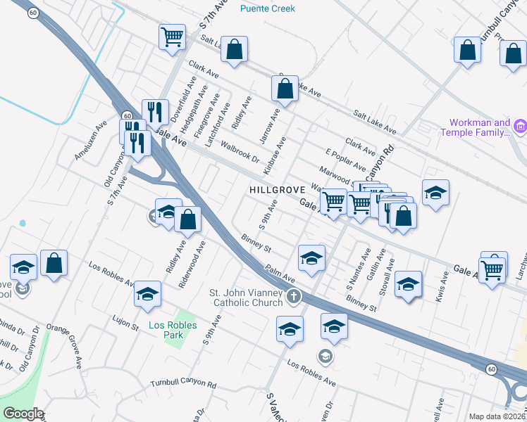 map of restaurants, bars, coffee shops, grocery stores, and more near 1149 South 9th Avenue in Hacienda Heights