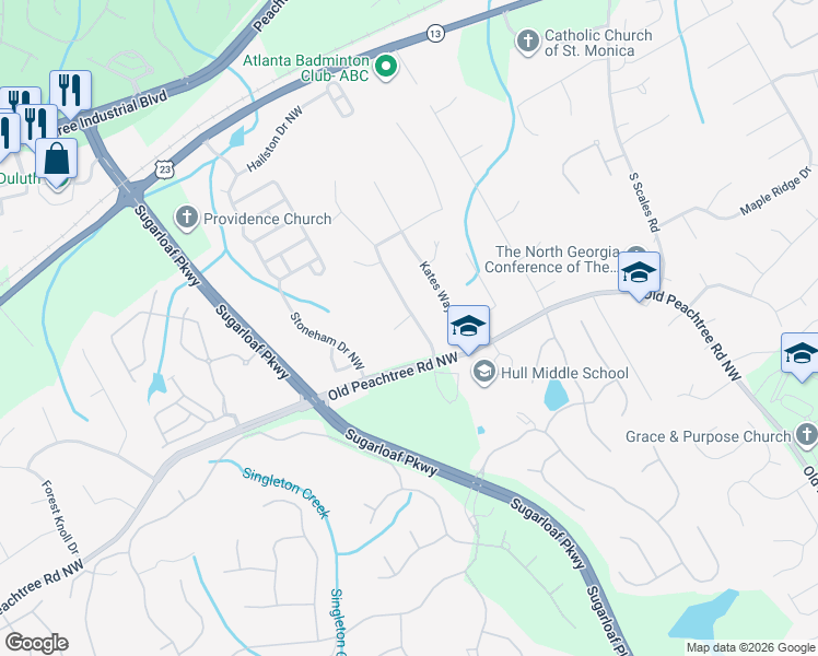 map of restaurants, bars, coffee shops, grocery stores, and more near 3368 Parsons Ridge Lane in Duluth