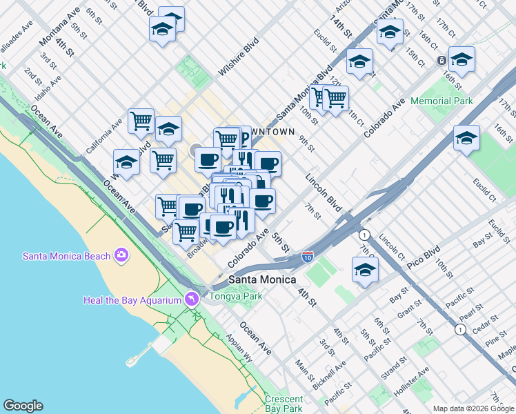 map of restaurants, bars, coffee shops, grocery stores, and more near 520 Broadway in Santa Monica