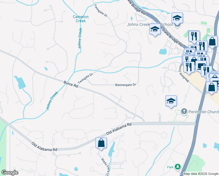 map of restaurants, bars, coffee shops, grocery stores, and more near 5295 Bannergate Drive in Alpharetta