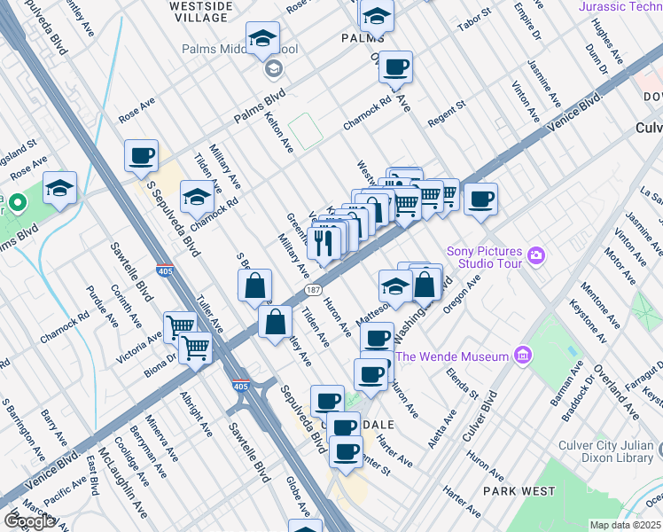 map of restaurants, bars, coffee shops, grocery stores, and more near 10939 Venice Boulevard in Los Angeles