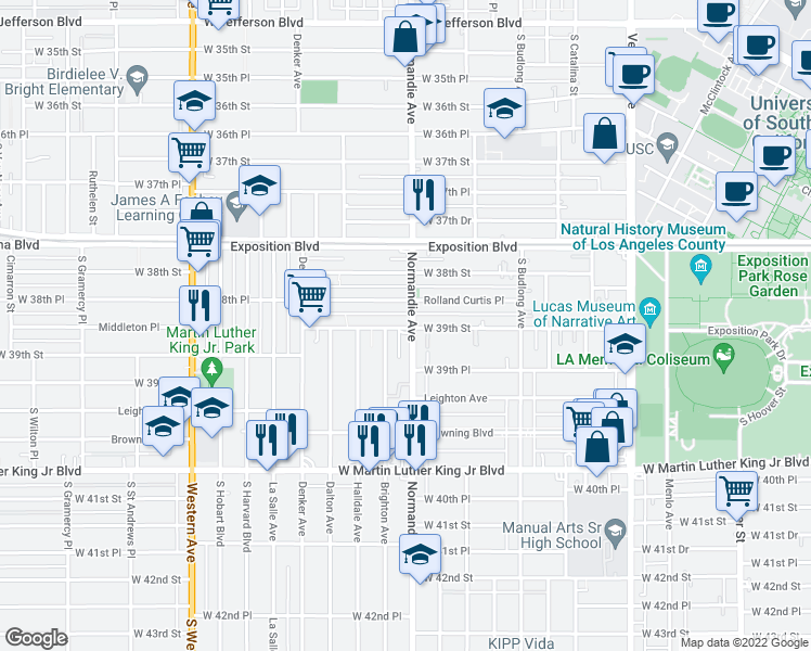 map of restaurants, bars, coffee shops, grocery stores, and more near 1307 West 39th Street in Los Angeles