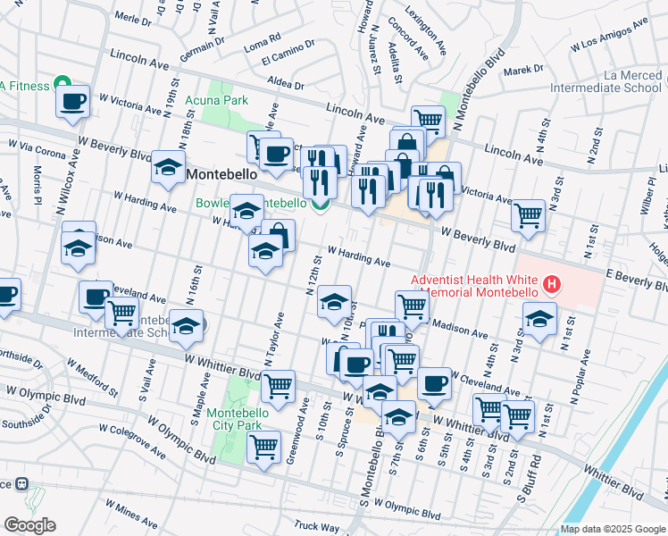 map of restaurants, bars, coffee shops, grocery stores, and more near 329 North Greenwood Avenue in Montebello