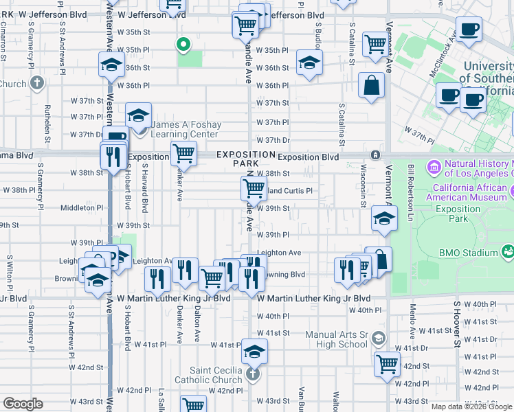 map of restaurants, bars, coffee shops, grocery stores, and more near 1307 West 39th Street in Los Angeles