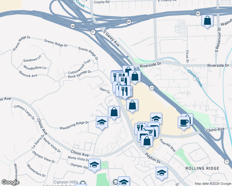 map of restaurants, bars, coffee shops, grocery stores, and more near Peyton Drive & Beverly Glen Road in Chino Hills