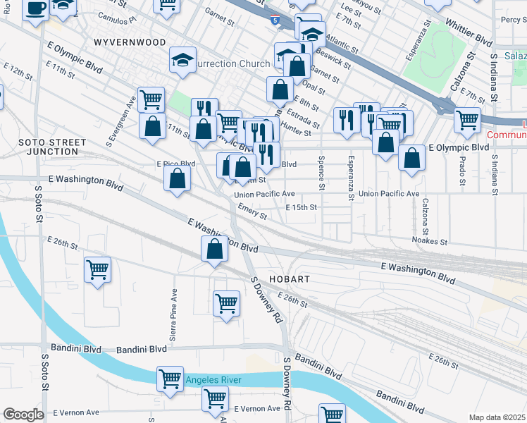 map of restaurants, bars, coffee shops, grocery stores, and more near 3408 East 15th Street in Los Angeles