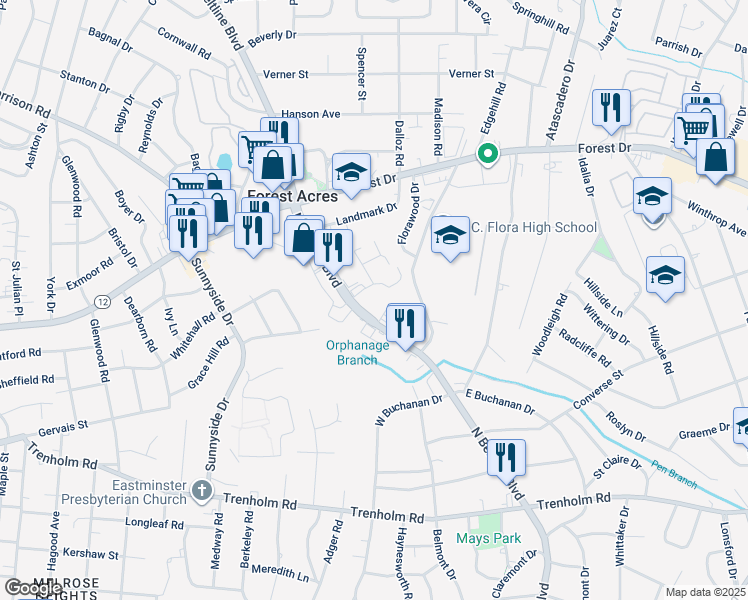 map of restaurants, bars, coffee shops, grocery stores, and more near 2062 North Beltline Boulevard in Columbia