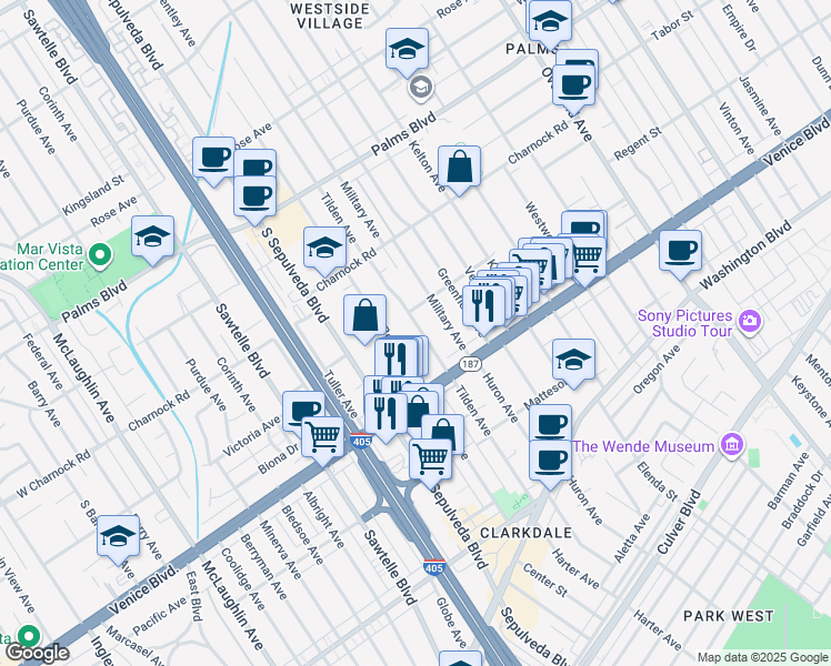 map of restaurants, bars, coffee shops, grocery stores, and more near 3719 Tilden Avenue in Los Angeles