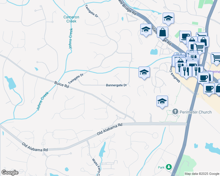 map of restaurants, bars, coffee shops, grocery stores, and more near 5335 Bannergate Drive in Alpharetta