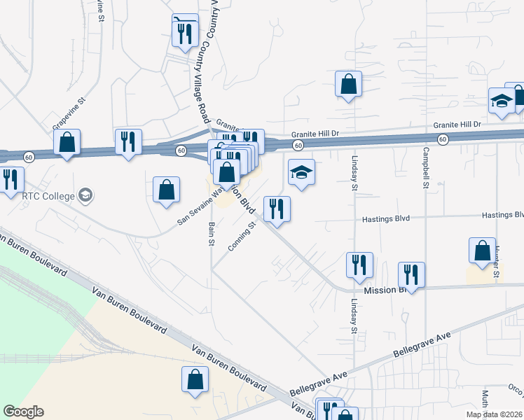 map of restaurants, bars, coffee shops, grocery stores, and more near 4171 Conning Street in Riverside