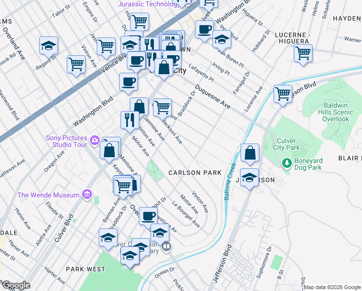 map of restaurants, bars, coffee shops, grocery stores, and more near Jackson Avenue in Culver City