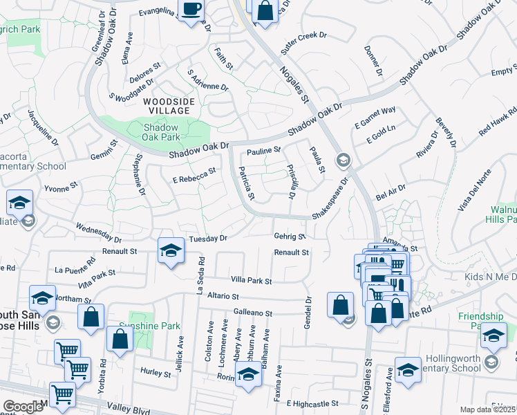 map of restaurants, bars, coffee shops, grocery stores, and more near 3525 Patricia Street in West Covina