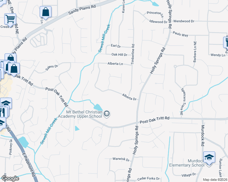 map of restaurants, bars, coffee shops, grocery stores, and more near 3048 Alberta Drive in Marietta